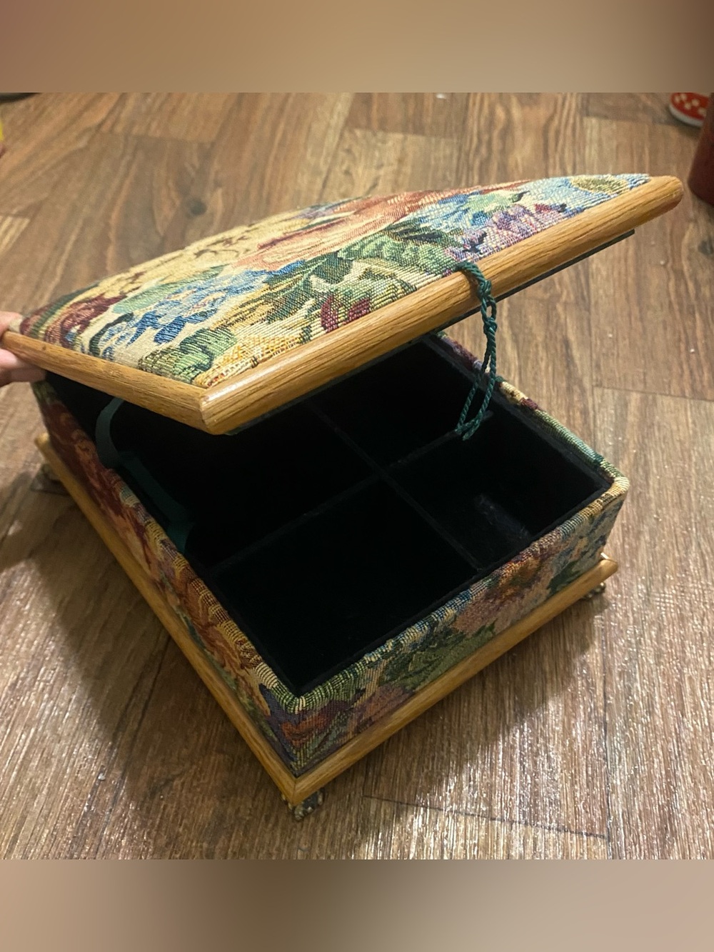 Vintage Jewelry Box 9.5”Lx4”H Floral Tapestry Mirror Velvet Lined Trend Frames